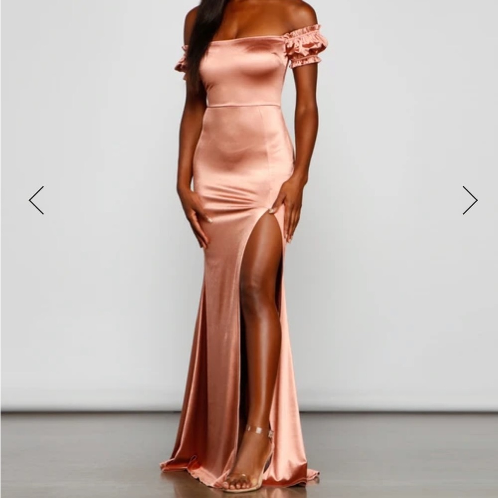 Rose gold off shoulder maxi dress w/ slit